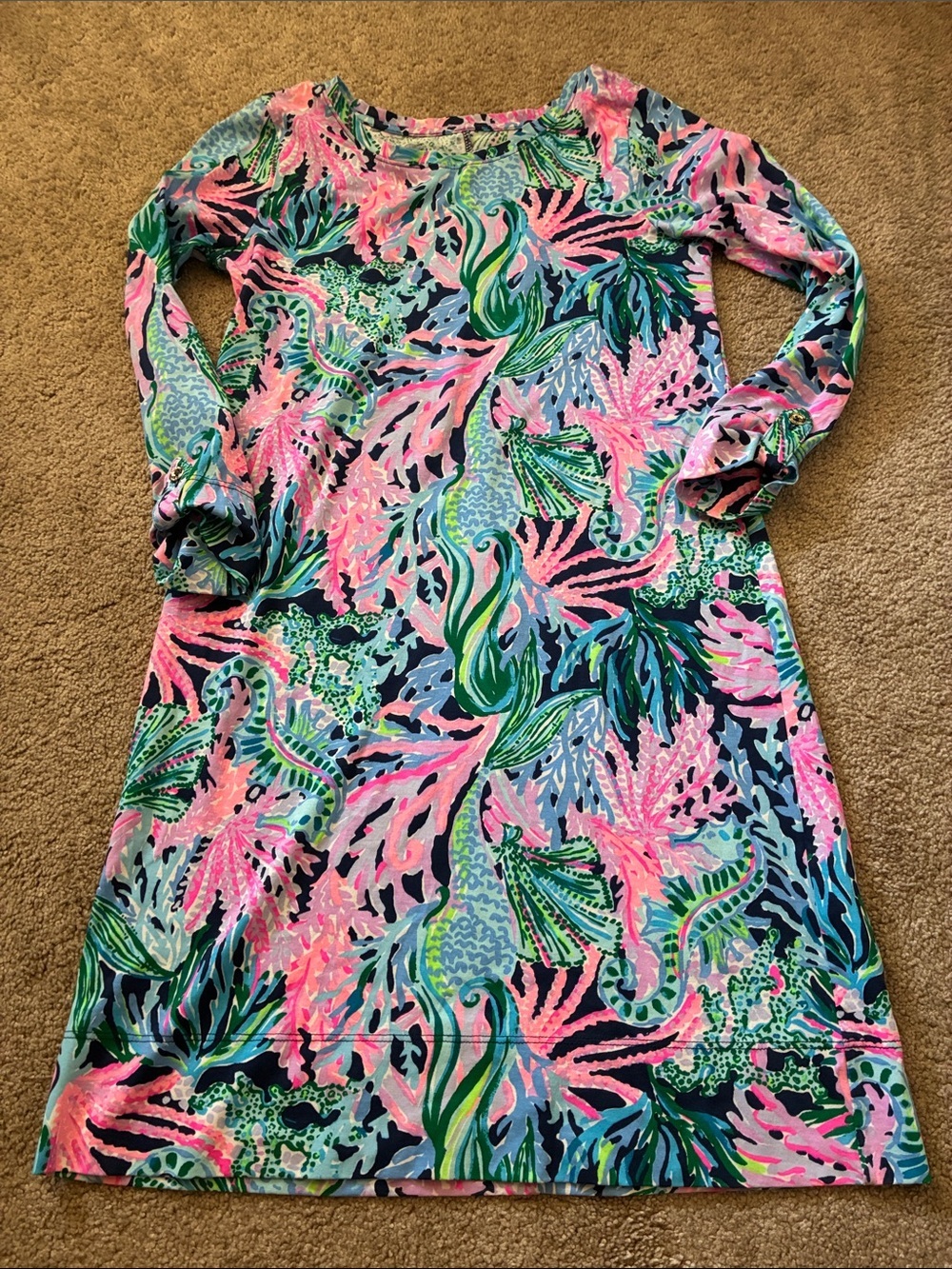 Lilly Pulitzer Marlowe Lets Cha Cha Pink Blue Seahorse Knit Dress XXS